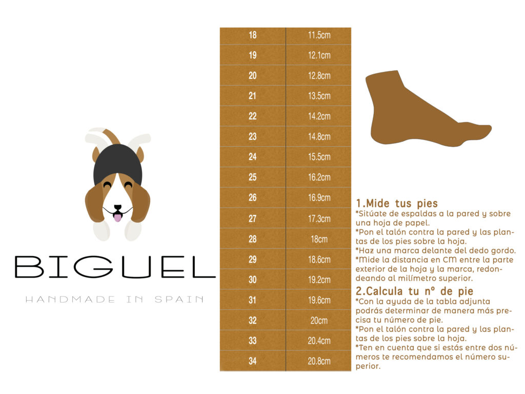 Tabla numeros pie zapatos niños Biguel